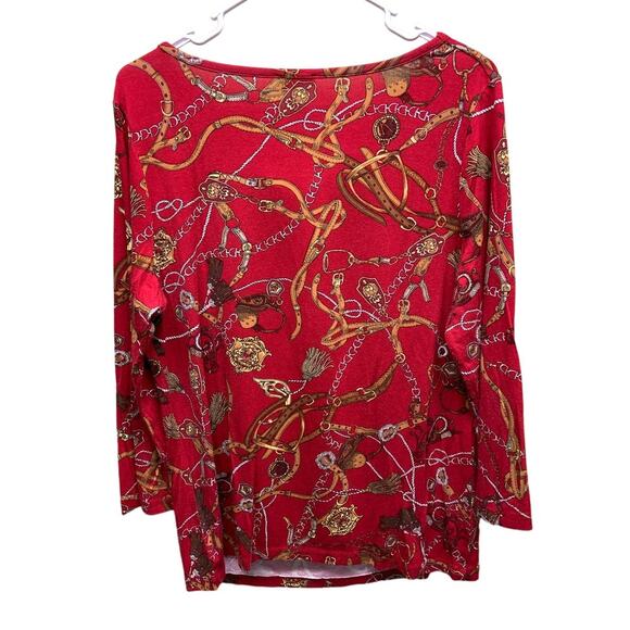 Talbots Equestrian Print Red Drape Neck Long Sleeve Jersey Size L - Picture 4 of 6